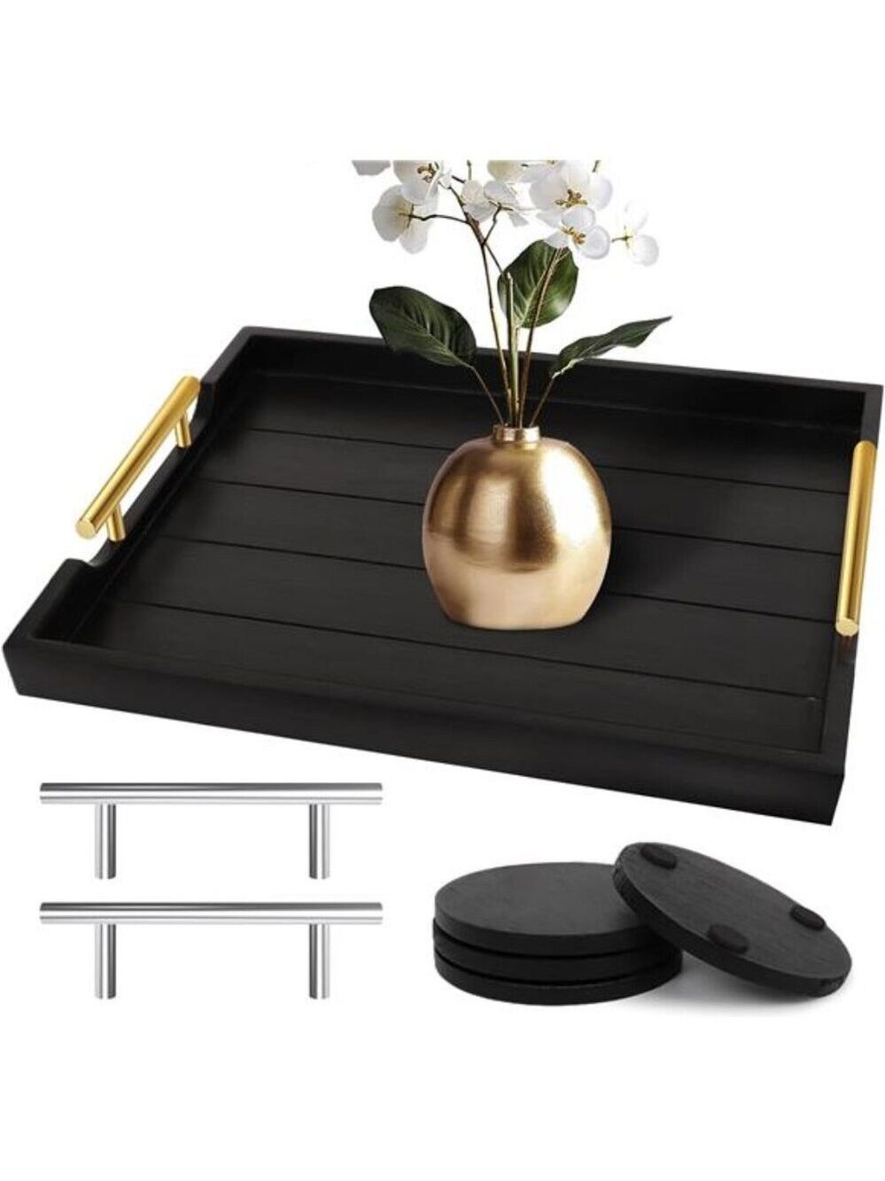 Wood Serving Tray Set Large Coffee Table Ottoman Tray with Handles and Coasters
